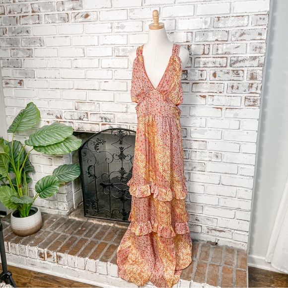 Harlyn Pink Yellow Floral Tiered Ruffle Side Cutout Sleeveless Maxi Dress XL - Picture 2 of 9